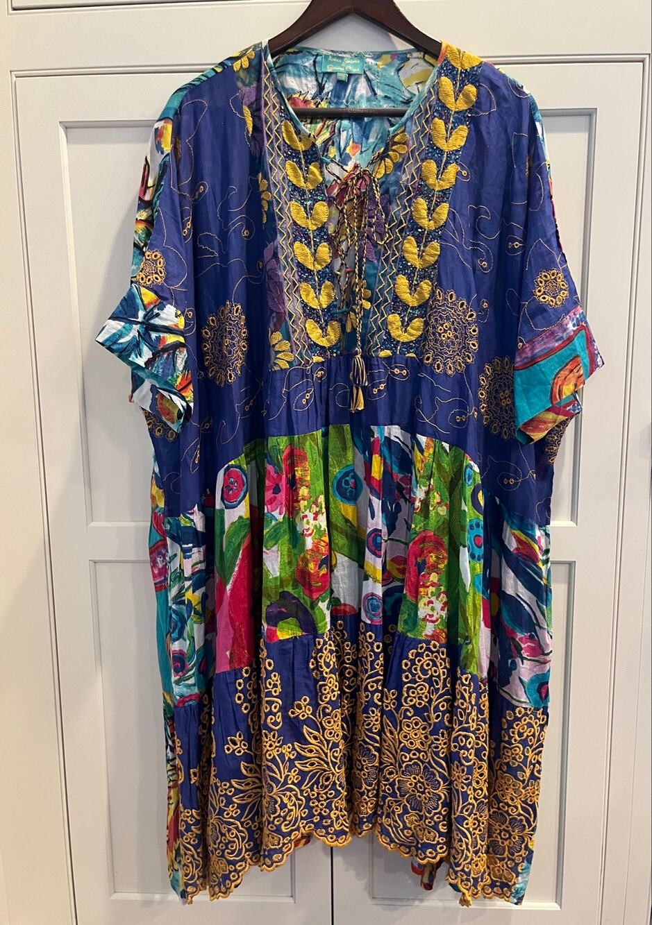Antica Sartoria Patchwork Kaftan Dress Boho Embroidered Lace Trim One Size Blue